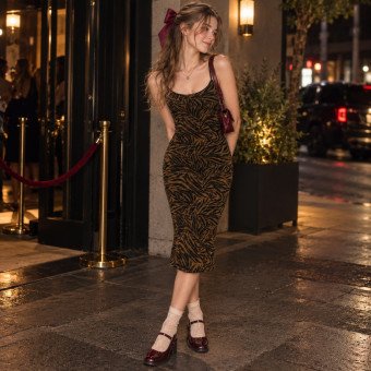 STYLE 77780-1 : VELVET FLOCKED MIDI BODYCON CAMI DRESS