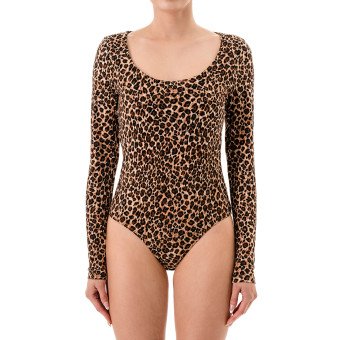 STYLE: 77489-1 - DOUBLE LAYER AT BUST LEOPARD SCOOP NECK LONG SLEEVE BODYSUIT