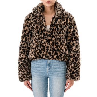 STYLE: 77821-1 - LEOPARD PRINT ARTIFICIAL FUR PUFFER JACKETS