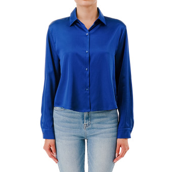 STYLE 77361 : BUTTON DOWN CROPPED LONG SLV SATIN BLOUSE