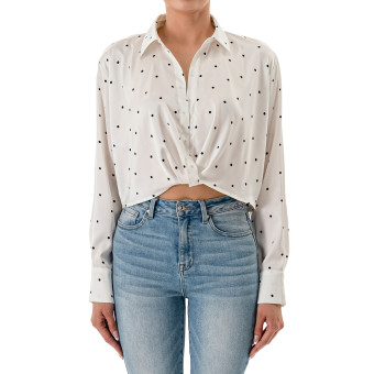 STYLE 77384:2 : POLKA DOT LONG SLV TWISTED HEM SATIN BLOUSE